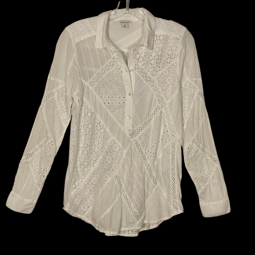Sundance‎ White Patchwork Eyelet Lace Henley Top Womens XS Cotton Cottagecore